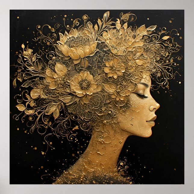 Poster Arte Dourada Elegante de Perfil de Mulher (Frente)