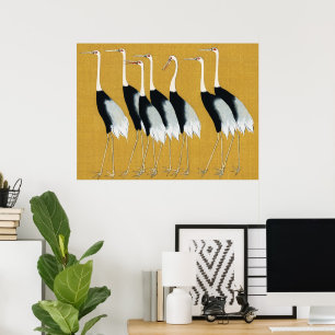 Poster Arte Dourado Japonês Antigo do Grou-Coronado-Verme