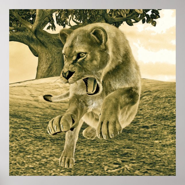 Póster Arte Dramática de Leoa em Safari de Vida Selvagem (Frente)