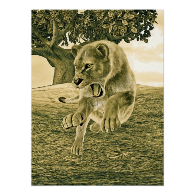 Póster Arte Dramática de Leoa em Safari de Vida Selvagem (Frente)