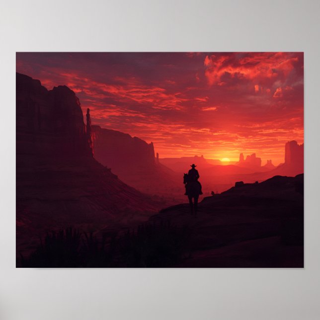 Poster Arte dramática do pôr do sol ocidental do cowboy C (Frente)