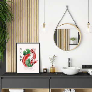 Poster Arte Elegante De Aquarela Koi, Da Natureza Asiátic