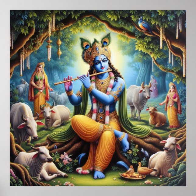 Poster Arte Elegante do Senhor Krishna em Ouro (Frente)