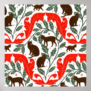 Poster Arte Elegante Nouveau Vermelho Castanho-Preto Gato