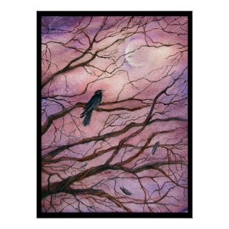Póster Arte em Aquarela Corvo Luar