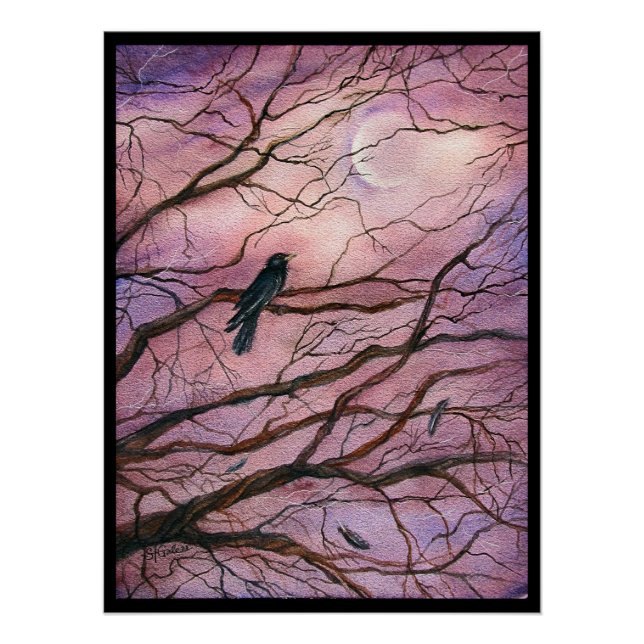 Póster Arte em Aquarela Corvo Luar (Frente)