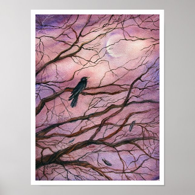 Poster Arte em Aquarela Corvo Luar (Frente)