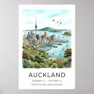 Poster Arte em Aquarela Costeira de Auckland