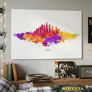 Poster Arte em Aquarela da Silhueta de Chicago em Fundo B