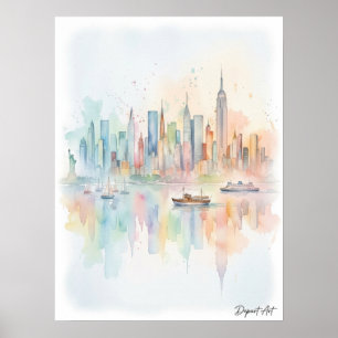 Poster Arte em Aquarela da Silhueta de Nova York