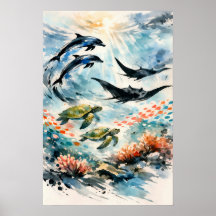 Arte em Aquarela da Vida Selvagem do Oceano Tropic