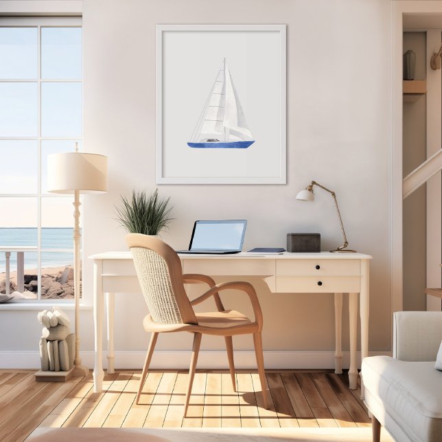 Poster Arte em Aquarela de Barco à Vela Azul (Sail Boat Art Poster)