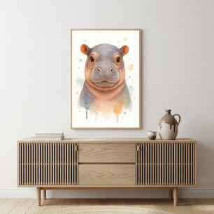 Poster Arte em Aquarela de Bebê Hipopótamo Adorável