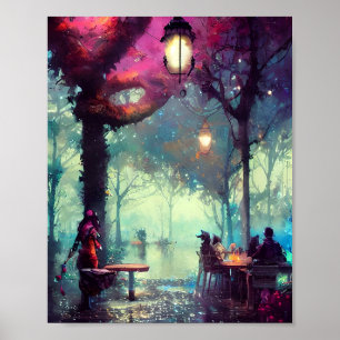 Poster Arte em aquarela de café coberto por árvores