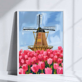 Poster Arte em Aquarela de Campo de Tulipas com Moinho de