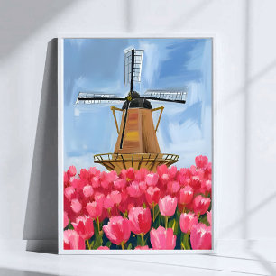 Poster Arte em Aquarela de Campo de Tulipas com Moinho de