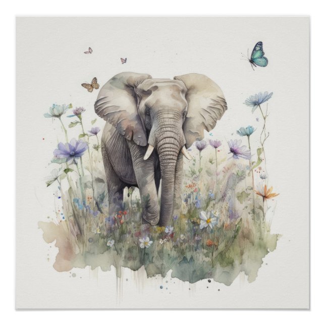 Póster Arte em Aquarela de Elefante (Frente)