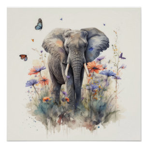 Póster Arte em Aquarela de Elefante