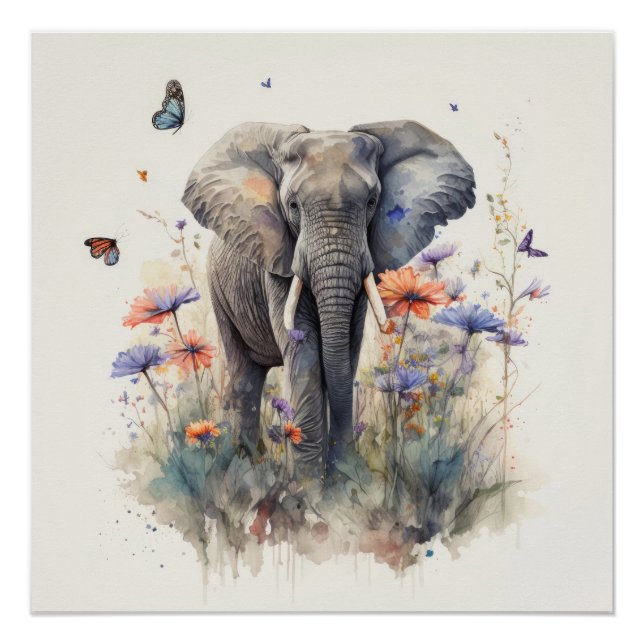 Póster Arte em Aquarela de Elefante (Frente)