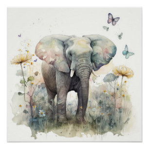 Póster Arte em Aquarela de Elefante