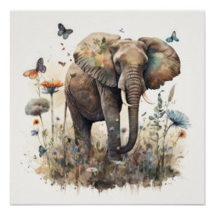 Póster Arte em Aquarela de Elefante