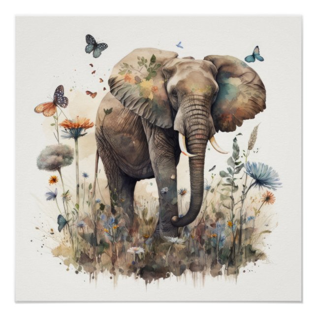 Póster Arte em Aquarela de Elefante (Frente)
