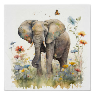 Póster Arte em Aquarela de Elefante