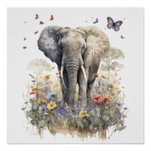 Póster Arte em Aquarela de Elefante
