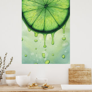Poster Arte em Aquarela de Fatia de Limão Verde Vibrante