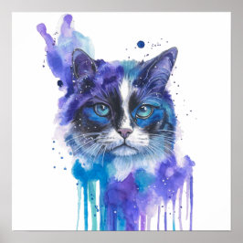 Poster Arte em Aquarela de Gato Colorido