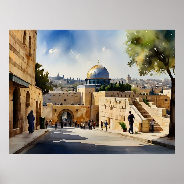 Poster arte em aquarela de Jerusalém Israel (Frente)