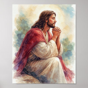 Poster Arte em Aquarela de Jesus em Oração   Fé Cristã