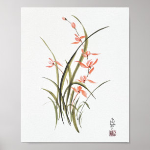 Poster Arte em Aquarela de Orquídea de Outono