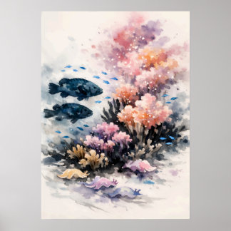 Poster Arte em Aquarela de Recife de Coral Desovando