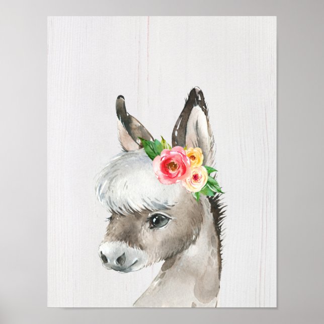 Poster Arte em Aquarela Estilo Floral Fazenda com Burro (Frente)