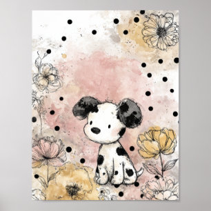 Poster Arte em Aquarela Floral de Cachorrinho Caprichoso 