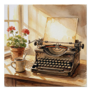 Póster Arte em Aquarela Máquina de Escrever
