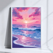 Arte em Aquarela Ondas do Pôr do Sol no Oceano Ros