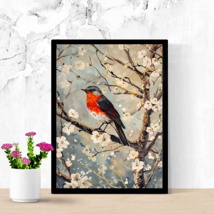 Poster Arte em Aquarela Pássaro Pintado em Árvore Flores