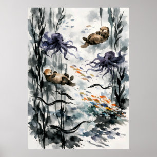 Poster Arte em Aquarela Sumi-e de Floresta de Kelp