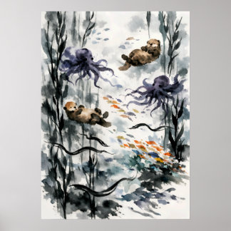 Poster Arte em Aquarela Sumi-e de Floresta de Kelp