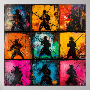 Poster Arte em Grid Silhueta de Samurai em Negrito Estilo