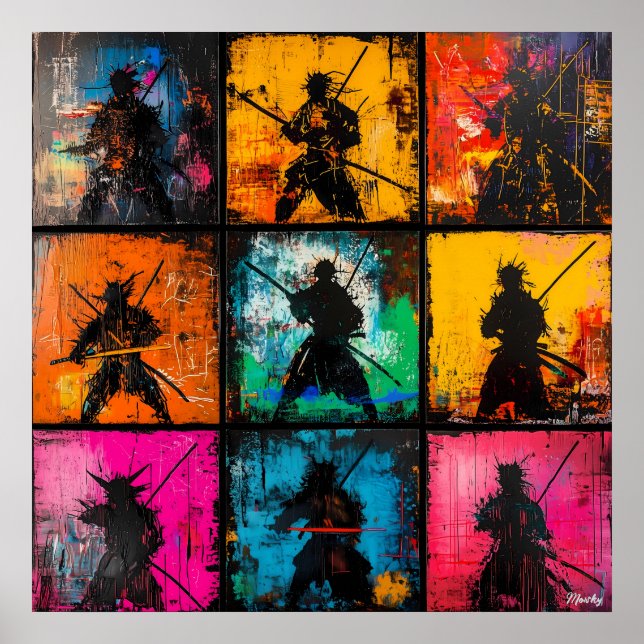 Poster Arte em Grid Silhueta de Samurai em Negrito Estilo (Frente)