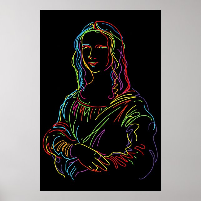 Poster Arte em linha abstrata da Mona Lisa em néon (Frente)