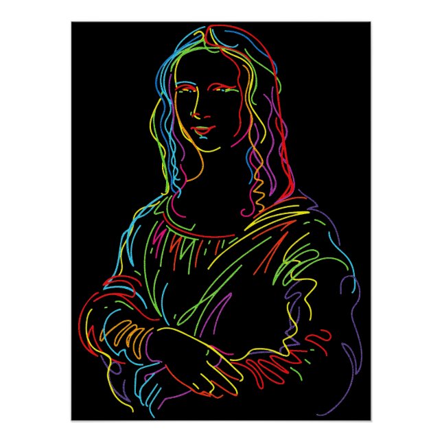 Póster Arte em linha abstrata da Mona Lisa néon (Frente)