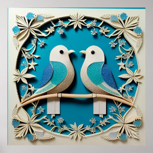 Poster Arte em Papel de Dois Pássaros com Motivos Florais
