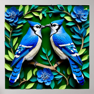 Poster Arte em papel de pássaros gaios azuis