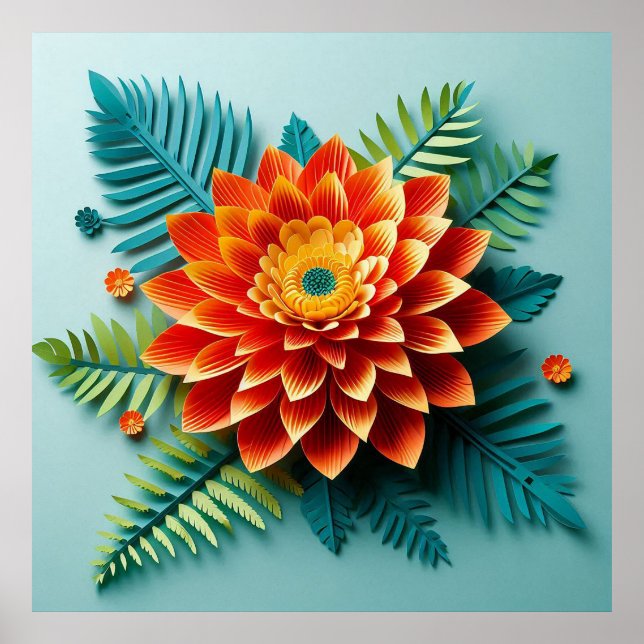 Poster Arte em papel floral laranja origami moderna minim (Frente)