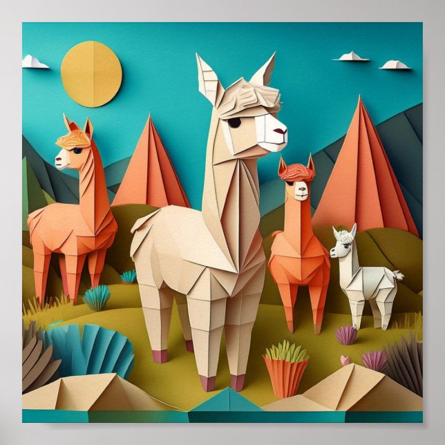 Poster Arte em Papel Origami Alpacas Cena 3D (Frente)