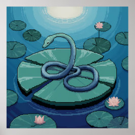 Poster Arte em Pixel Cobra Azul sobre Folha de Nenúfar